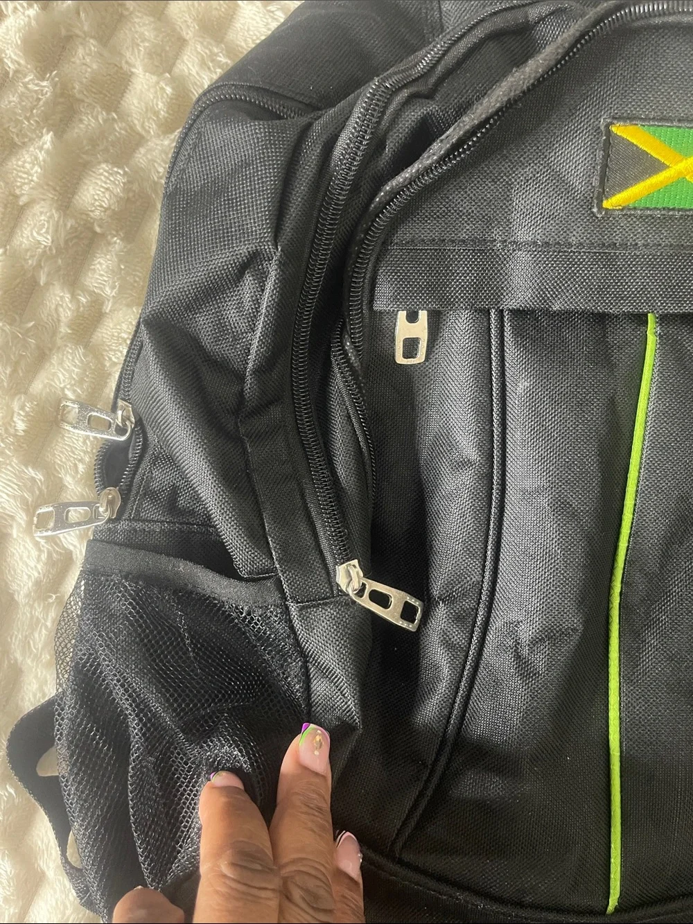 NWOT Black Backpack Green Accent & Jamaica Patch REFER TO PIC/VID 4 MISSING ZIP